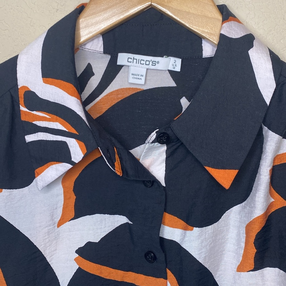 Chico's Satin Long Sleeve Tunic Black White Carmel 12 - Picture 7 of 11